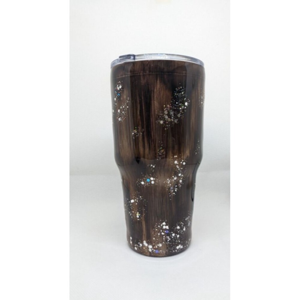 Handpainted Woodgrain Resin Tumbler - Dark Brown & Silver Glitter,  30oz, New